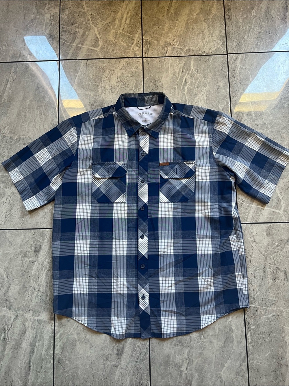 Orvis Men's Classic Collection Navy/White Plaid SS ButtonUp Shirt Fishing PolyXL